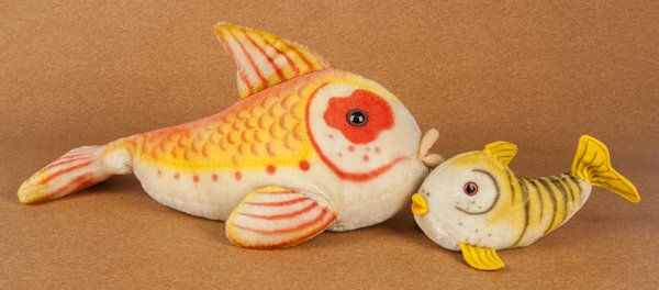 Large Steiff mohair kangaroo, 18'' h., together wi: Large Steiff mohair kangaroo, 18'' h., together with two Goldie fish, longest - 24''.