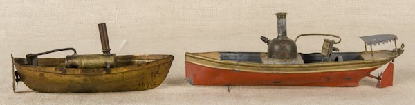 Two live steam boats, one tin and one brass, 12 1: Two live steam boats, one tin and one brass, 12 1/4'' l. and 9'' l.