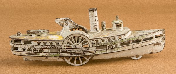 Wilkins cast iron side wheeler paddle boat, 14 1/: Wilkins cast iron side wheeler paddle boat, 14 1/2'' l.
