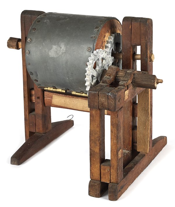 Samuel F. Todd and J. G. Sinsley wood and tin pat: Samuel F. Todd and J. G. Sinsley wood and tin patent model of a washing machine, Dec. 24th 1876, no. 188, 205, 8'' h.