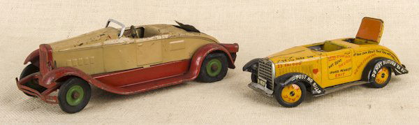 Arnold tin wind-up Tin Lizzy car, 9 1/2'' l., to: Arnold tin wind-up Tin Lizzy car, 9 1/2'' l., together with a Kingsbury open roadster, 12'' l.