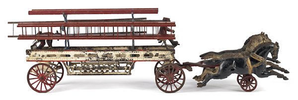 Cast iron horse drawn ladder wagon, 26'' l.: Cast iron horse drawn ladder wagon, 26'' l.
