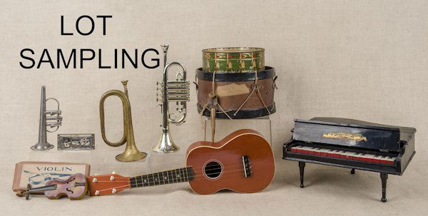 Group of children's toy instruments, to include a: Group of children's toy instruments, to include a miniature violin, a tuba, harmonicas, trumpets, a piano, etc.