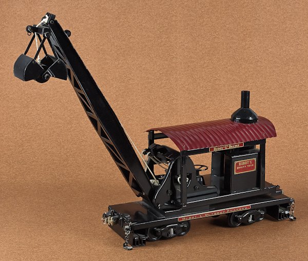 Reproduction Buddy L pressed steel railroad crane: Reproduction Buddy L pressed steel railroad crane, 24'' l.