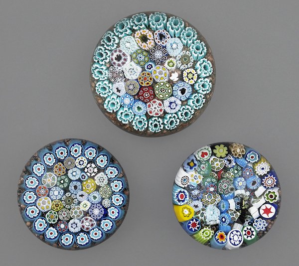 Three Jim Hart close pack millefiori paperweights: Three Jim Hart close pack millefiori paperweights, two - 2 1/4'' dia., 2 1/2'' dia.