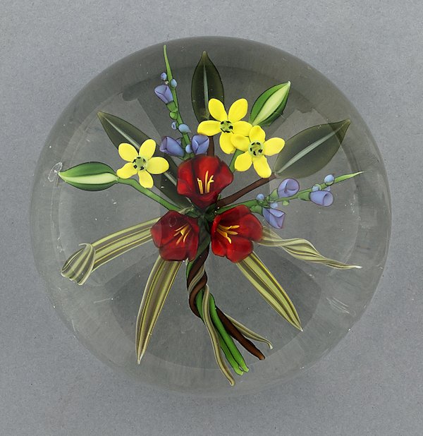 Chris Buzzini floral bouquet paperweight, signed: Chris Buzzini floral bouquet paperweight, signed and inscribed RAB 47 '87, 3'' dia.