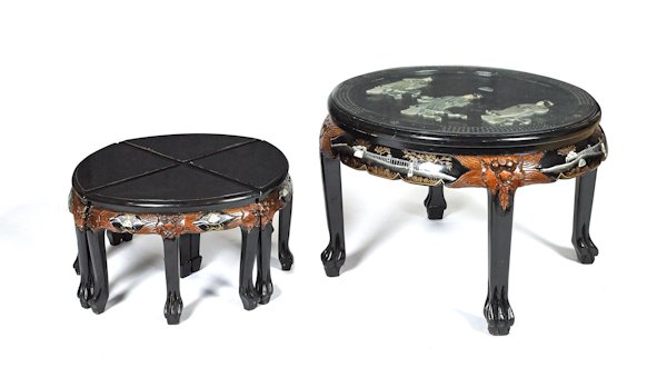 Chinese lacquer table with four nesting seats.: Chinese lacquer table with four nesting seats.