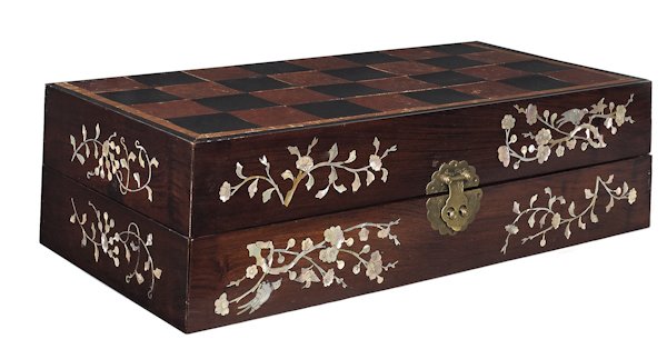 Chinese carved ivory chess set with a mother of p: Chinese carved ivory chess set with a mother of pearl inlaid mixed woods gameboard, tallest figure - 5''.