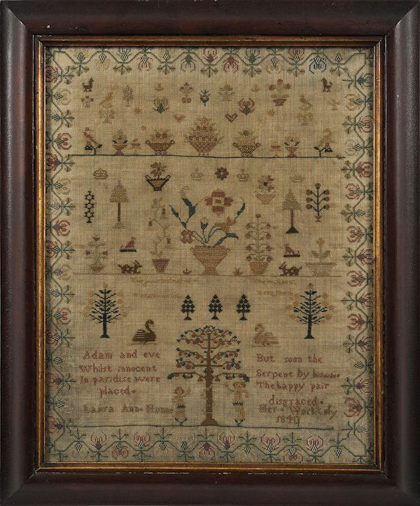 Two English silk on linen samplers, dated 1840,: Two English silk on linen samplers, dated 1840, 15 1/4'' x 12'', and 1823, 15'' x 11 1/4''.