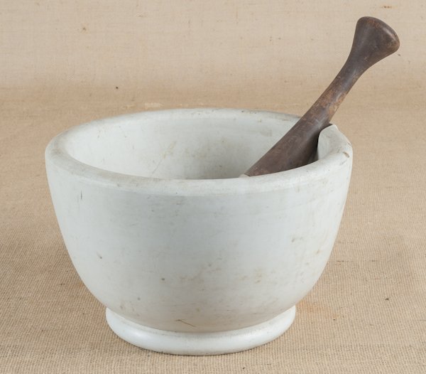 Large marble mortar and pestle, 7'' h., 13'' w.: Large marble mortar and pestle, 7'' h., 13'' w.
