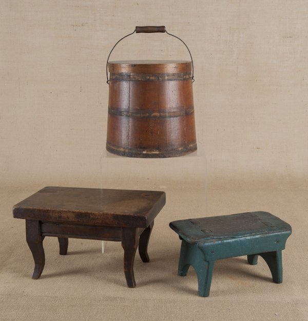 Walnut footstool, together with a green painted m: Walnut footstool, together with a green painted mortised stool and a firkin.