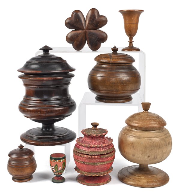 Group of woodenware, to include two peaseware can: Group of woodenware, to include two peaseware canisters, a Lehn style egg cup, etc., tallest - 9 1/2''.