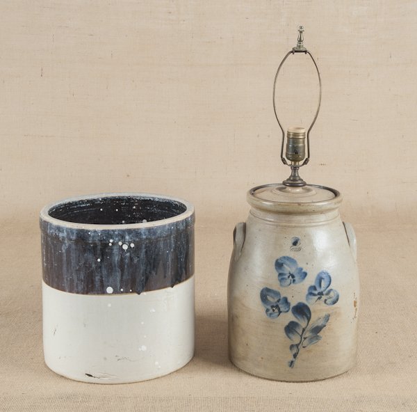 Two-gallon stoneware lidded crock, 19th c., with: Two-gallon stoneware lidded crock, 19th c., with cobalt floral decoration, electrified, 12'' h., together with another crock, 10 1/2'' h.