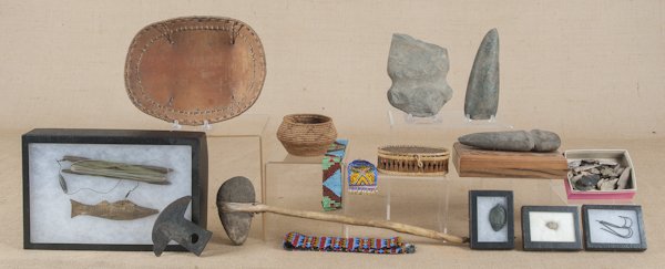 Native American objects, to include baskets, a be: Native American objects, to include baskets, a beadwork, arrowheads, an axe head, stones, etc., together with a brass fishing lure.