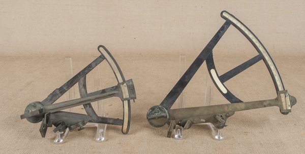 Two brass and ebony sextants, 19th c., 11 3/4'' h.: Two brass and ebony sextants, 19th c., 11 3/4'' h. and 16'' h.