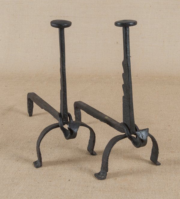 Wrought iron saw tooth trammel, 19th c., with hea: Wrought iron saw tooth trammel, 19th c., with heart finial, 36'' l., together pair of wrought iron andirons, 13 1/2'' h.