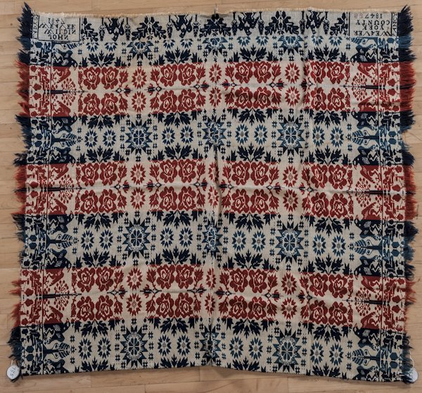 York County, Pennsylvania coverlet, inscribed Jo: York County, Pennsylvania coverlet, inscribed John Wildin weaver York County 1847, 63'' x 68''.