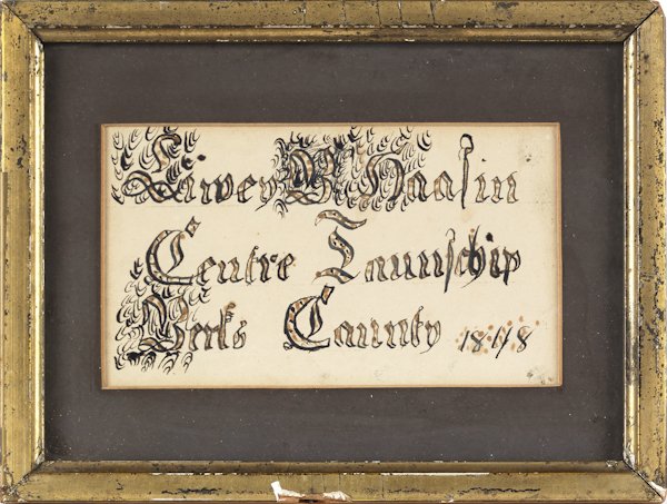 Pennsylvania ink and watercolor fraktur reward of: Pennsylvania ink and watercolor fraktur reward of merit, inscribed Livey Haasin Centre Township Berks County 1848, 3 1/2'' x 6''.