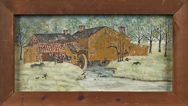 Dolores Hackenberger (American b. 1930), oil on c: Dolores Hackenberger (American b. 1930), oil on canvas street scene, together with an oil on board landscape with a mill, both signed, 12'' x 24''.