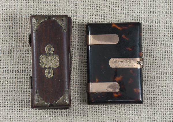 Tortoise shell card case, inscribed Mary Bell Ed: Tortoise shell card case, inscribed Mary Bell Edgefield, Tenn, 4'' x 3'', together with a Chinese brass bound stamp box.