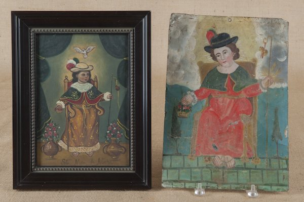 Two Spanish oil on tin portraits, 14 1/4'' x 10'' a: Two Spanish oil on tin portraits, 14 1/4'' x 10'' and 10 3/4'' x 7 1/2''. Provenance: From the Collection of Ellen Lawther Pierce, Dallas, Texas.