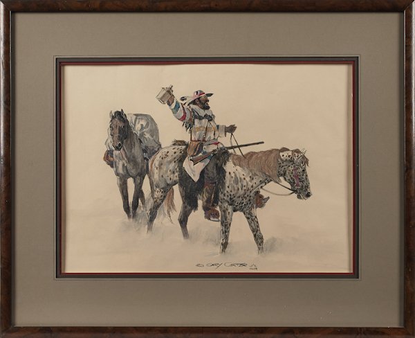 Gary Carter (American b. 1939), mixed media Weste: Gary Carter (American b. 1939), mixed media Western illustration, signed lower middle, 13 1/2'' x 19''.
