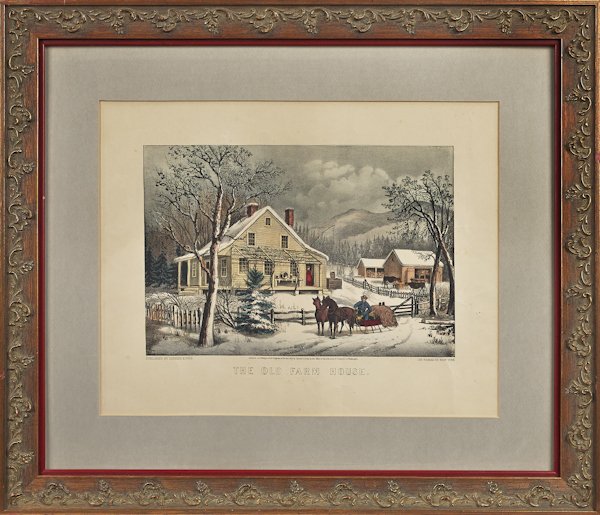 Currier and Ives color lithograph, titled The Ol: Currier and Ives color lithograph, titled The Old Farm House, pub. 1872, 8 1/2'' x 12 1/2''.