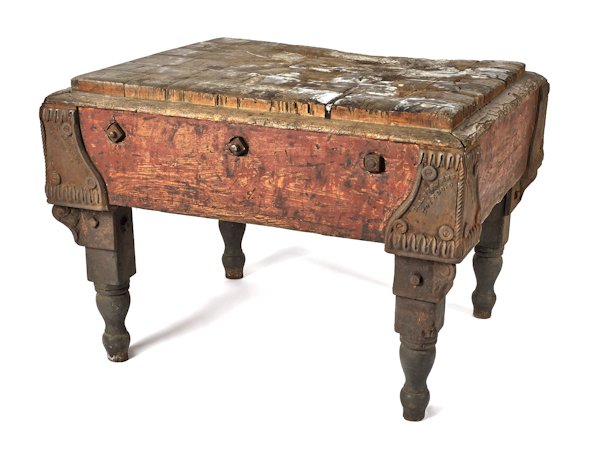 Maple butcher block, 19th c., with iron corner br: Maple butcher block, 19th c., with iron corner brackets, stamped B. A. Stevens Toledo O., 27'' h., 39 1/2'' w., 34 1/2'' d.