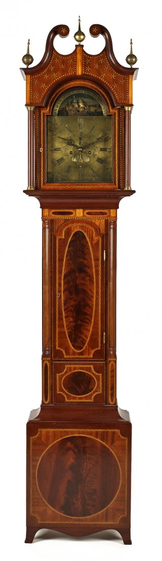 Hepplewhite style inlaid mahogany tall case clock: Hepplewhite style inlaid mahogany tall case clock with an early brass face eight-day works and a rocking ship movement, inscribed James Cumming Falmouth, 95'' h.