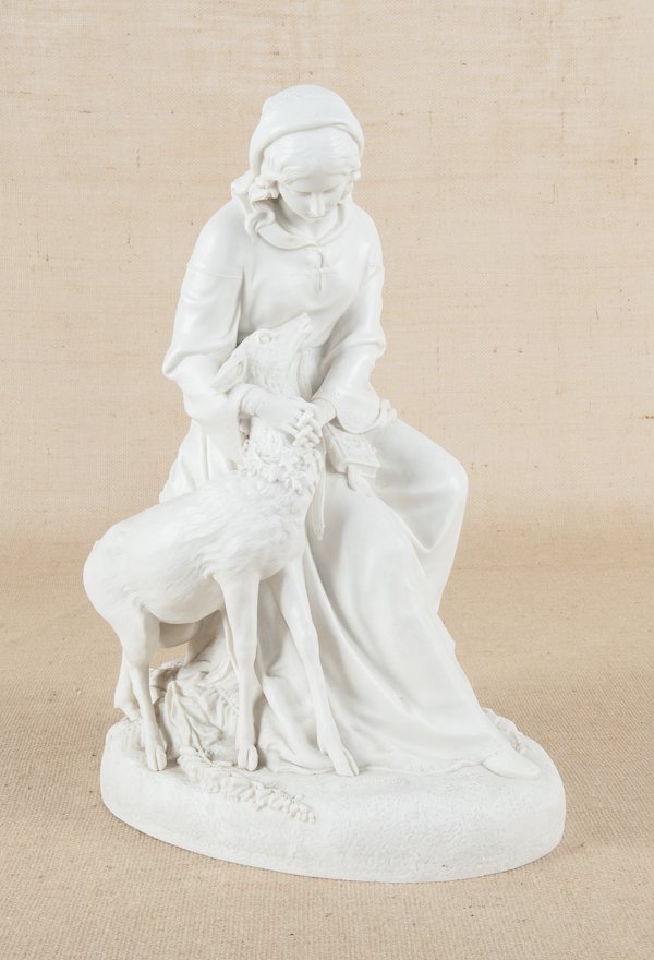 Copeland Parian figure of a woman and deer, signe: Copeland Parian figure of a woman and deer, signed F. M. Miller, 18 1/2'' h.