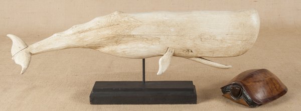 Folk art carving of a whale, stamped BBD, 30'' l: Folk art carving of a whale, stamped BBD, 30'' l., together with a carved cat and a turtle dresser box.