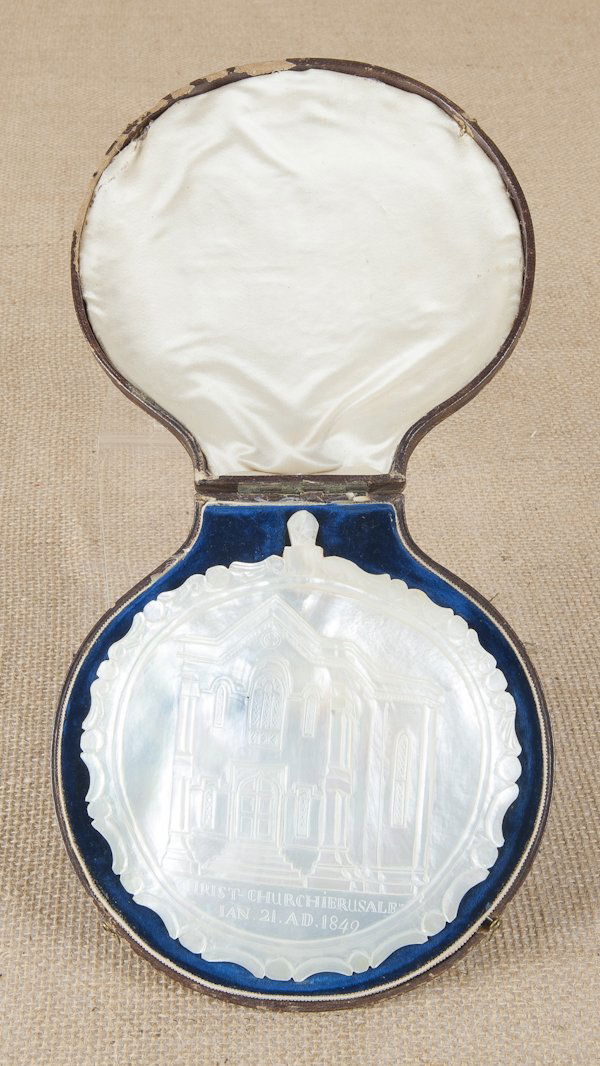 Carved abalone shell depicting Christ Church Jeru: Carved abalone shell depicting Christ Church Jerusalem, dated 1849, 5 3/4'' h., 5 1/2'' w.