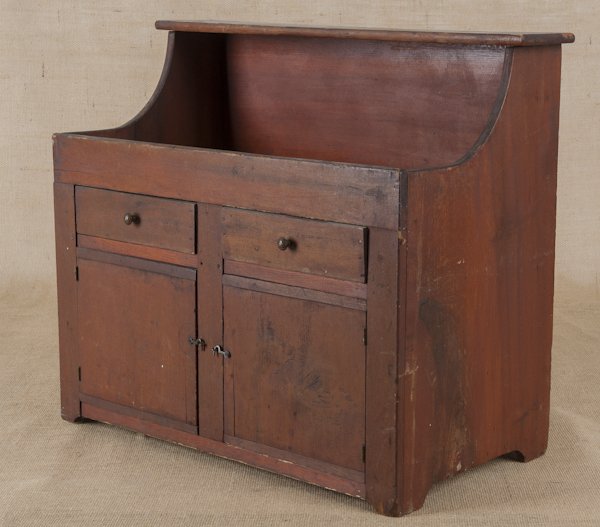 Pennsylvania child's stained poplar dry sink, lat: Pennsylvania child's stained poplar dry sink, late 19th c., 21'' h., 23'' w.