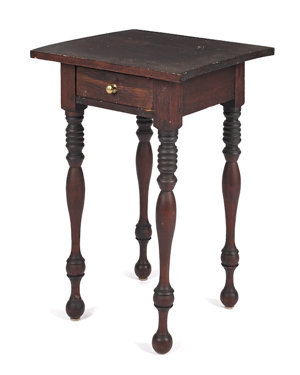 Maine Sheraton stained pine one-drawer stand, ca.: Maine Sheraton stained pine one-drawer stand, ca. 1830, 28 1/2'' h., 18 1/4'' w.