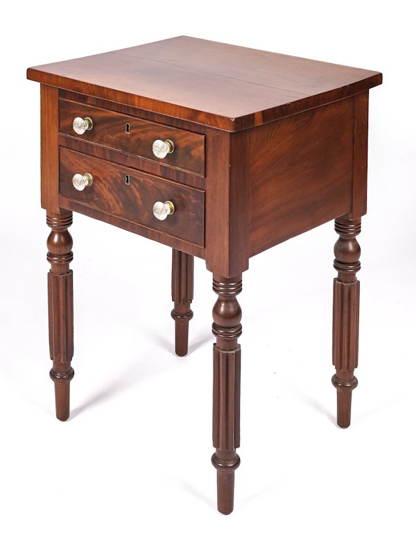Sheraton cherry work table, ca. 1830, 29'' h., 20: Sheraton cherry work table, ca. 1830, 29'' h., 20 1/4'' w.