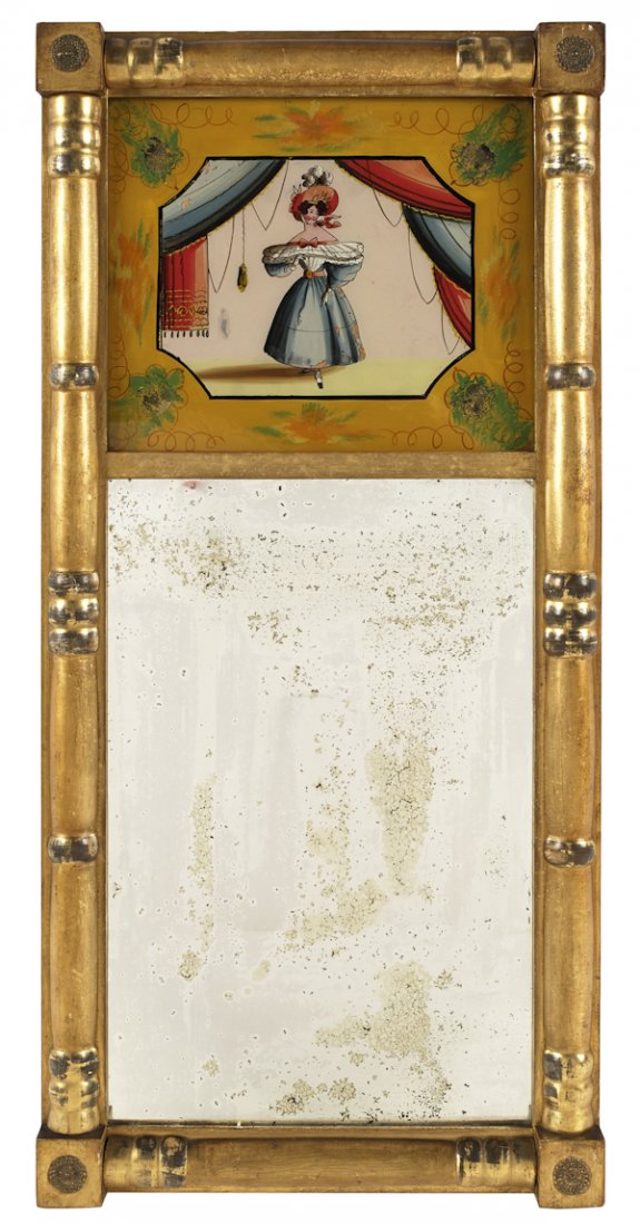 Sheraton giltwood mirror, ca. 1830, with an eglom: Sheraton giltwood mirror, ca. 1830, with an eglomise panel, 32'' x 15 1/4''.