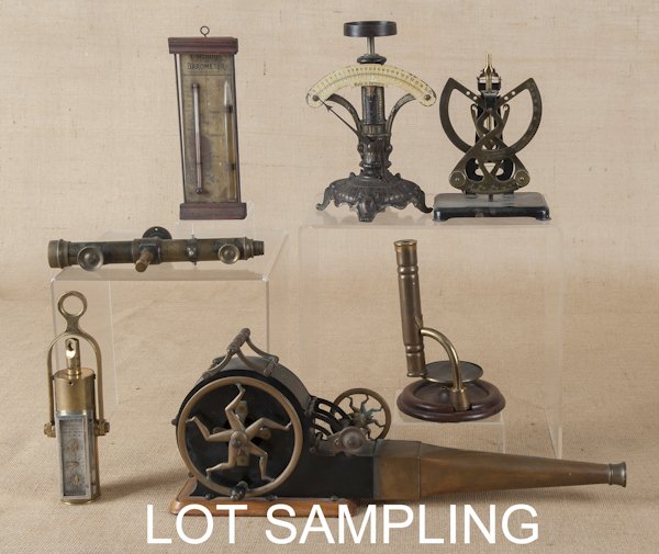 Ship's sextant, early copper hand bellows, a surv: Ship's sextant, early copper hand bellows, a surveyor's scope, and a taffrail log, together with five scales and thermometers.