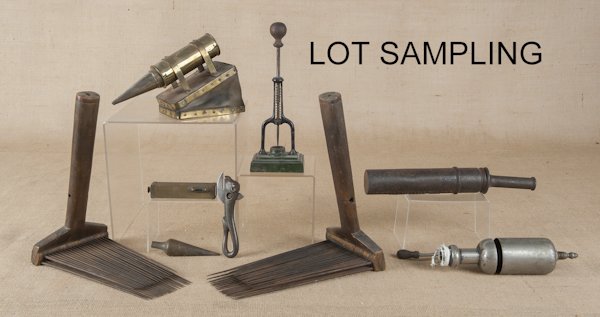 1895 engine torch, two 18th c. hatchels, two cast: 1895 engine torch, two 18th c. hatchels, two cast folk art can openers, a steam whistle, brass and leather bellows, etc.