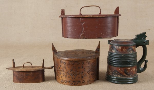 Three Scandinavian wooden boxes, 19th c., togethe: Three Scandinavian wooden boxes, 19th c., together with a painted stein.