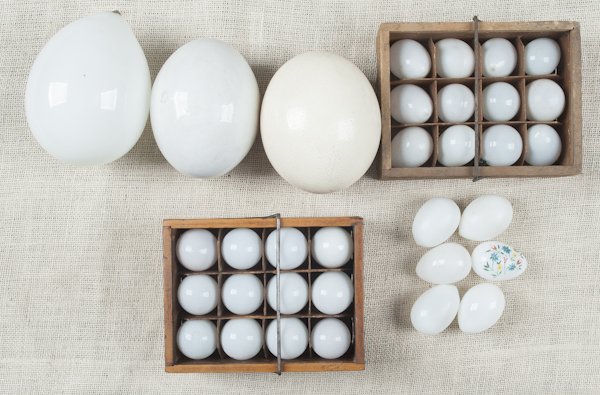 Group of egg carriers and glass eggs.: Group of egg carriers and glass eggs.