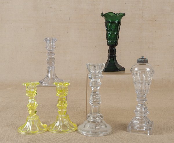 Group of lighting, to include vaseline glass cand: Group of lighting, to include vaseline glass candlesticks, fluid lamps, etc., tallest - 9 3/4''.