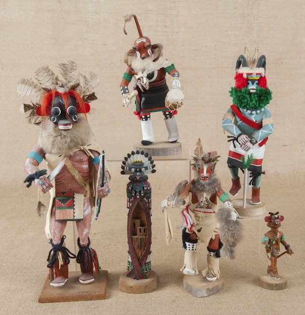 Six carved and painted kachina dolls, including e: Six carved and painted kachina dolls, including examples by Regina Naha, Ben Smith, Herbert Jackson, Milton, etc., tallest - 18''.