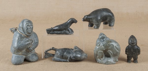 Six Northwest Coast soapstone carvings, tallest -: Six Northwest Coast soapstone carvings, tallest - 7 1/4''.