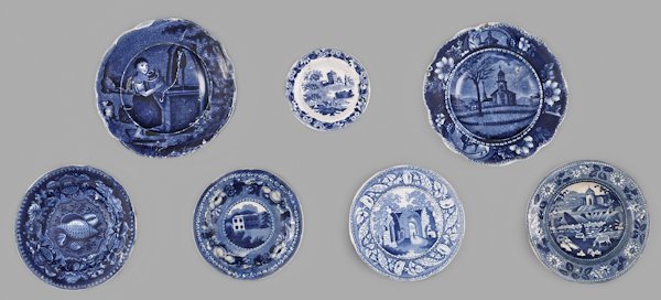 Seven historical blue Staffordshire cup and toddy: Seven historical blue Staffordshire cup and toddy plates, 19th c., to include Pittsfield elm, Clews water girl, Lakes of Killarney, etc., largest - 4 5/8'' dia.