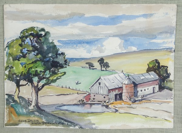 Julius Delbos (American 1879-1970), watercolor fa: Julius Delbos (American 1879-1970), watercolor farm scene, signed lower left, 22 3/4'' x 30 1/4'', together with a Michael Engel watercolor, 15 1/4'' x 22''.