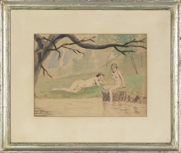 Louis Michel Eilshemius (American 1864-1941), col: Louis Michel Eilshemius (American 1864-1941), collection of works, to include a watercolor of bathing nudes, 9 1/2'' x 13'', an oil on board landscape, three pen and ink sketches, a poem, and a signed
