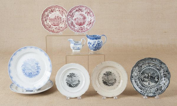 Twelve pieces of transfer decorated china, mostly: Twelve pieces of transfer decorated china, mostly American scenes, together with a Blue Willow creamer.