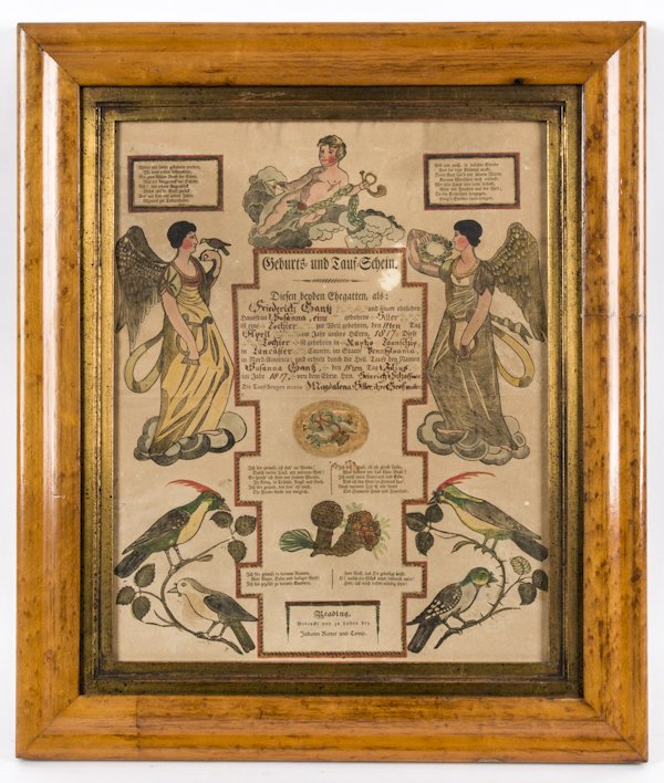Two Pennsylvania printed and hand colored fraktur: Two Pennsylvania printed and hand colored fraktur by Peters and Ritter.