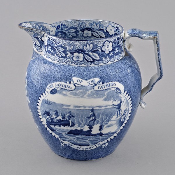 Historical blue Staffordshire Landing of the Fat: Historical blue Staffordshire Landing of the Fathers at Plymouth pitcher, 19th c., 6 5/8'' h.