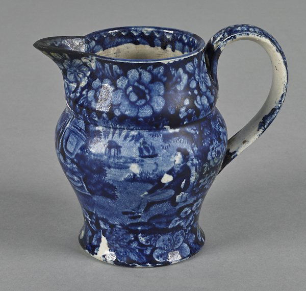 Historical blue Staffordshire Lafayette at Frank: Historical blue Staffordshire Lafayette at Franklin's Tomb cream pitcher, 19th c., 4 5/8'' h.